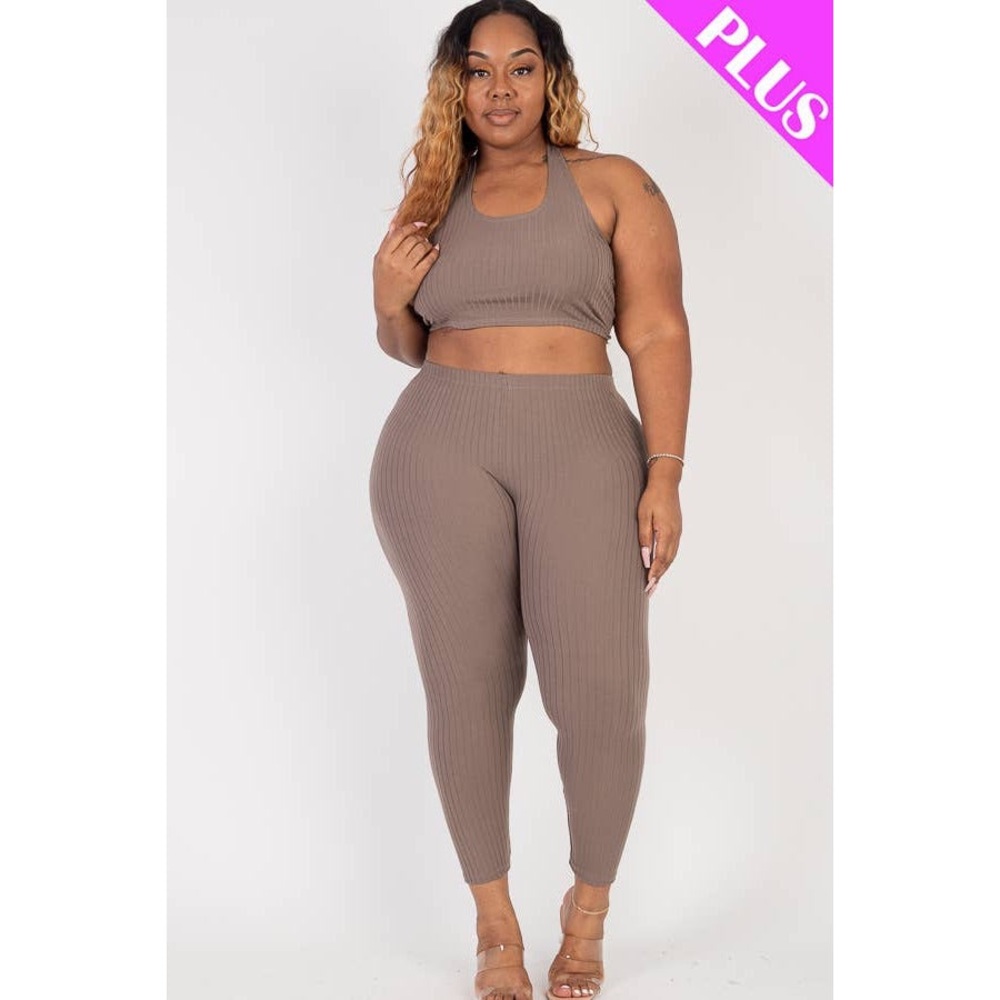 Plus Ribbed Back Tied Halter Neck Crop Top & Leggings Set